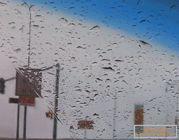 Поглед од автомобилот на дожд, сликарство на масло
