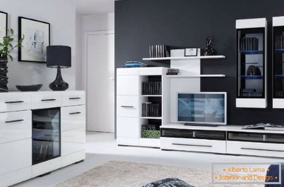 Современ мебел за дневна соба - бел сјај на црна позадина