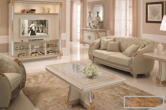 Класичен дизајн на дневната соба со бел мебел - фото