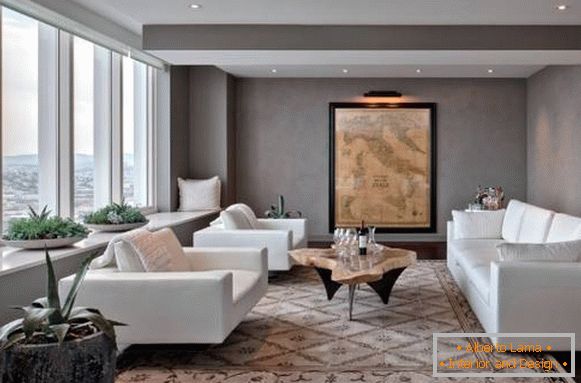 Дизајнот на дневната соба со бел мебел - слика со сиви ѕидови