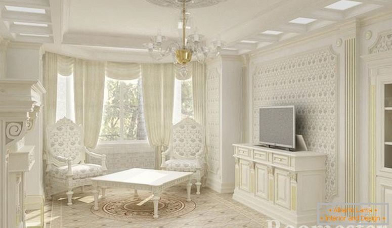 Внатрешни работи во стил на империја со бел мебел