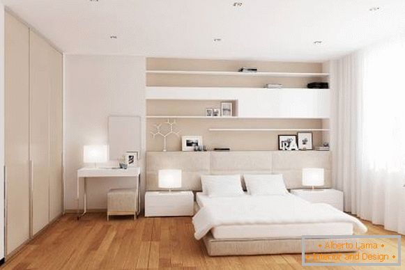 Модерен дизајн на бела спална соба со топол кат