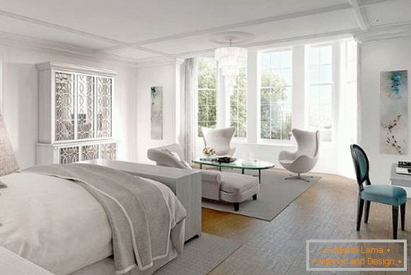 Бела сива спална соба со убав мебел