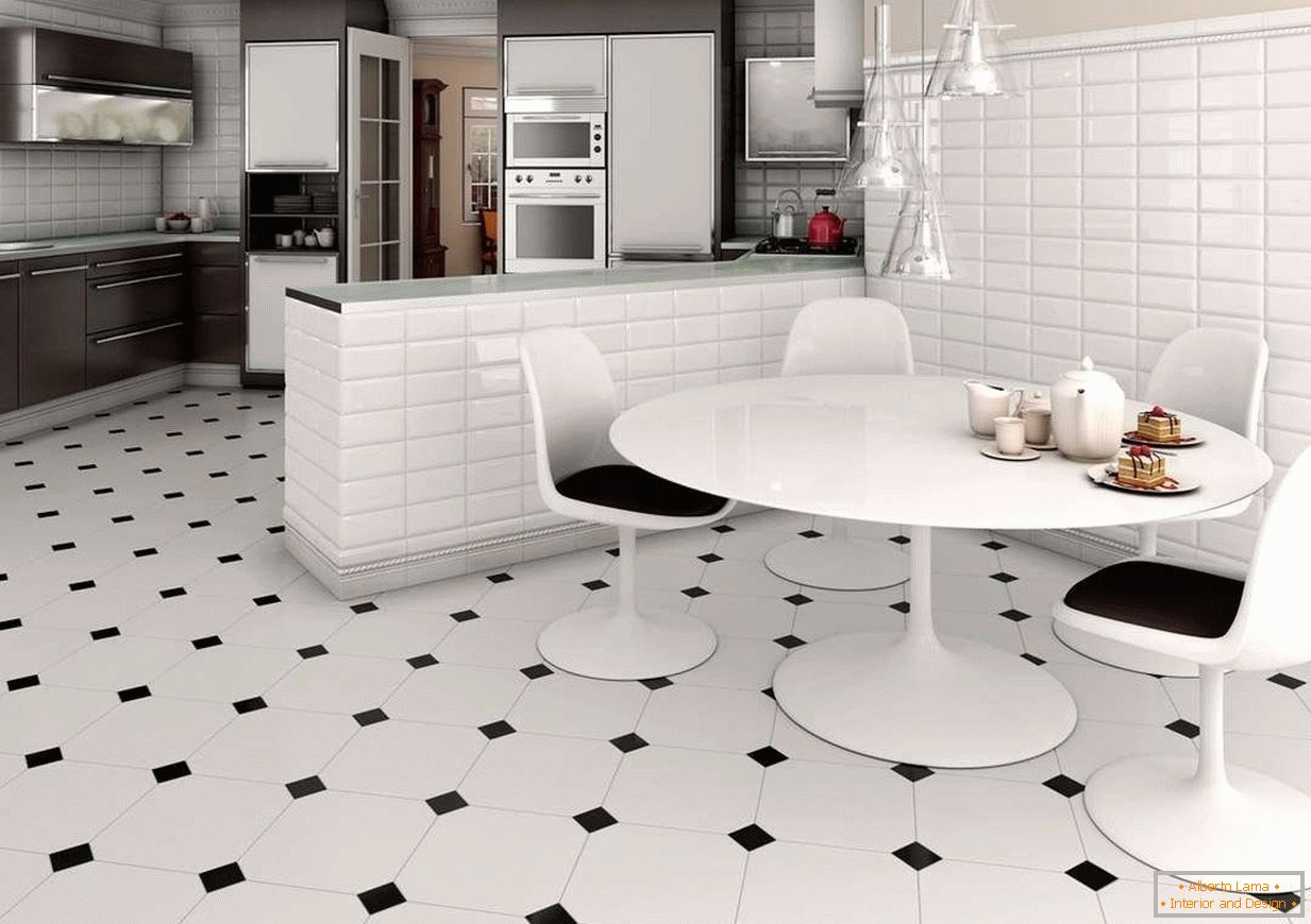 Бели и црни плочки на подот на кујната