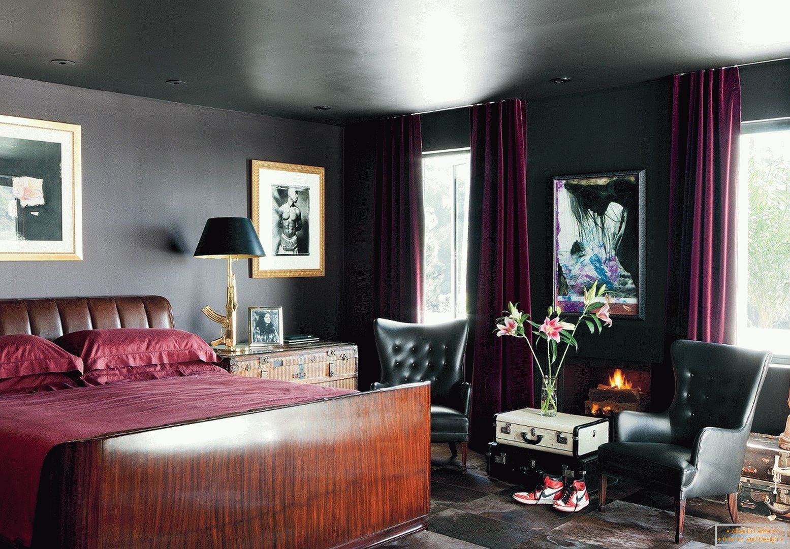Црн таван, сиви ѕидови и текстил од Бордо