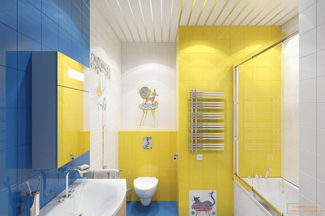 Сина, жолта и бела боја во внатрешноста на бањата