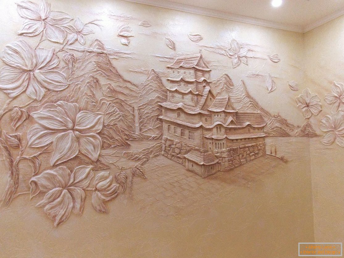 Волуметриски цртеж со куќа и дрвја од декоративен малтер