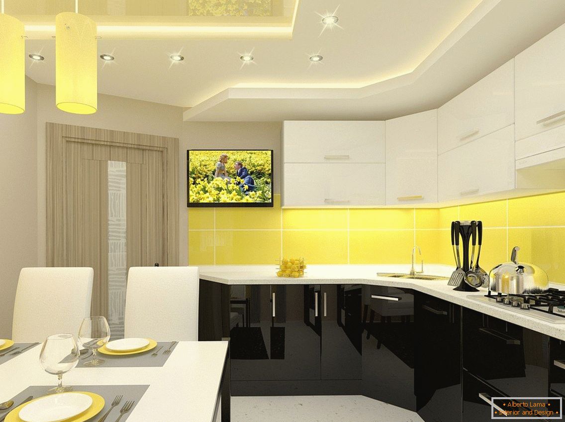 Жолта кујна и бел мебел