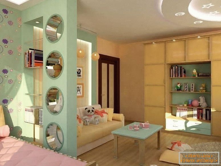 Детска соба и дневна соба во една просторија се одделени со поделба на гипс картон
