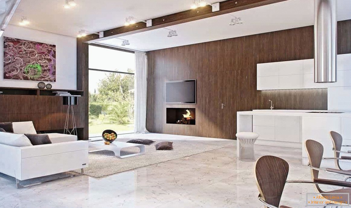 Дневната соба може да биде украсена во модерен стил и во дрвена куќа