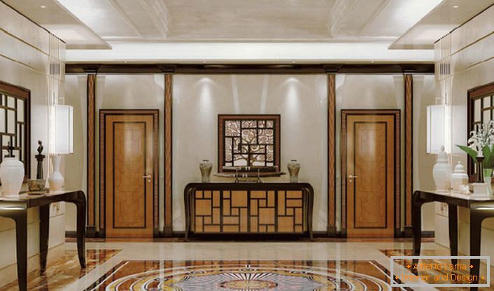 Луксузна декорација на салата во стилот на уметност деко со белешки на класици. Стилскиот, рафиниран ентериер без вишок на украсни детали изгледа скап и претенциозен.
