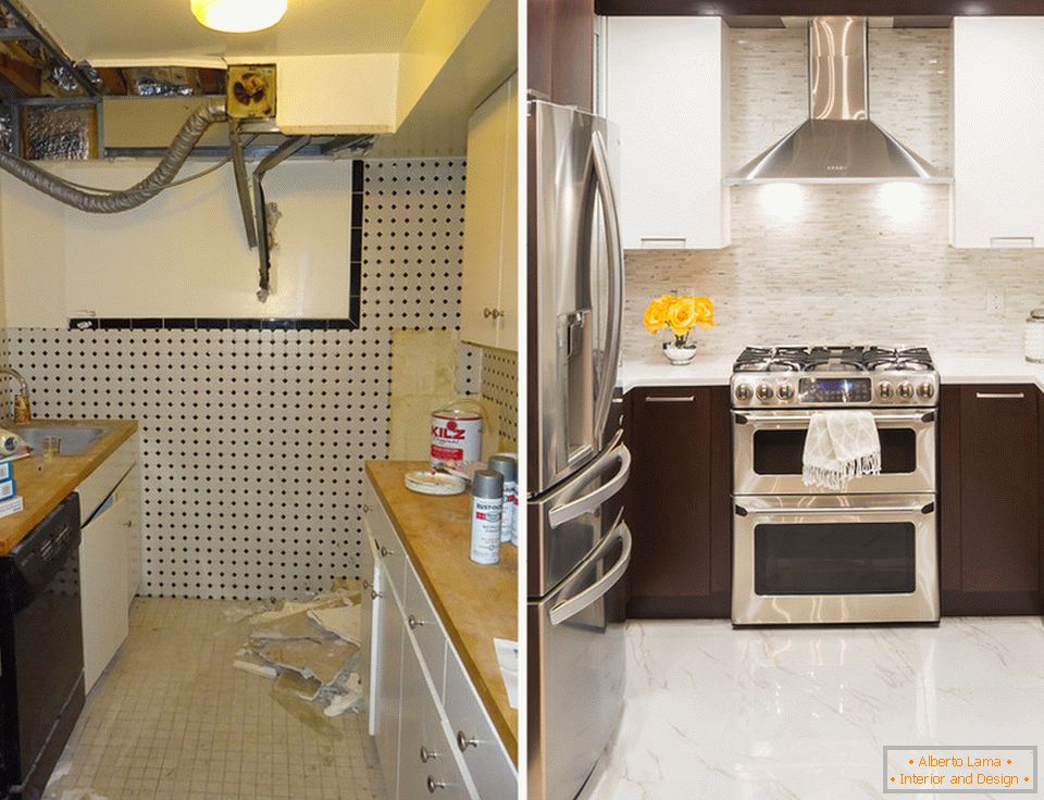 Внатрешен дизајн на мала кујна пред и по поправка