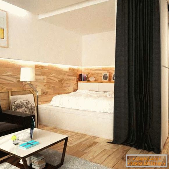 Внатрешен дизајн на мал стан - поделба на спалната соба со завеси