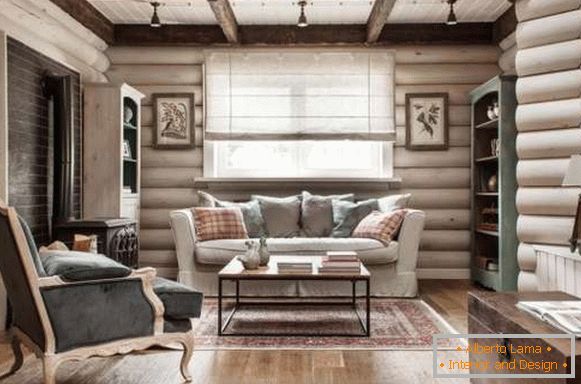 Внатрешен дизајн на дрвена куќа внатре - рустикален фото