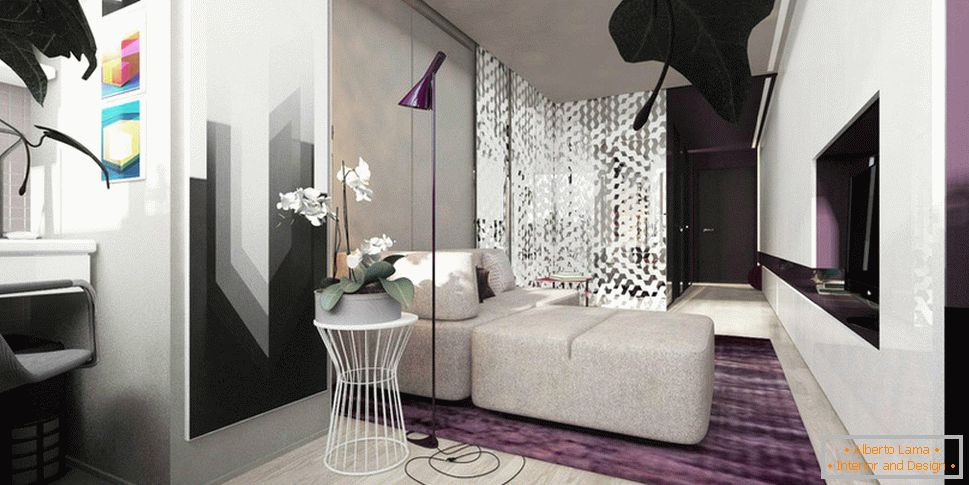 Виолетова акценти во дизајнот на мал стан