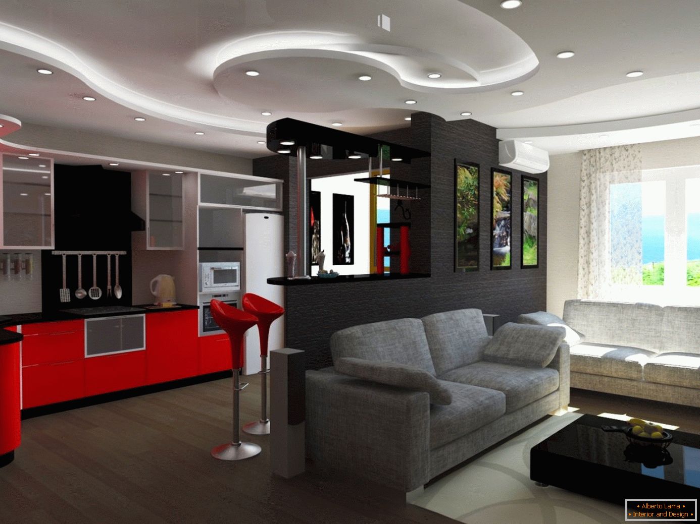 Дизајн кујна студио со повеќе нивоа таванот