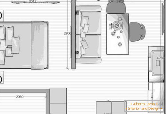 дизајн на кујна во комбинација со дневна соба на мала површина, слика 58