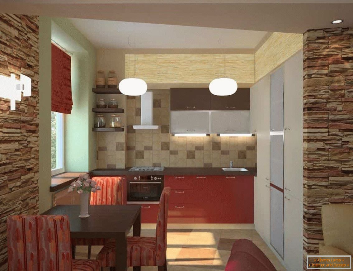 Вештачки камен во декорацијата на ѕидовите во дневната соба во комбинација со кујната во Хрушчов