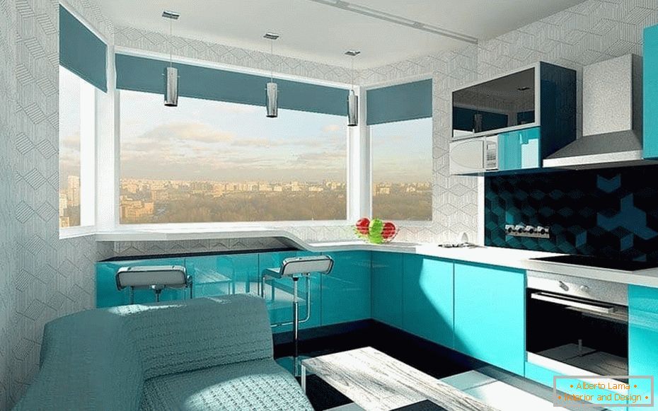 Дизајн кујнски дизајн во Бери боја со прозорец прозорец со бар контра на прозорецот