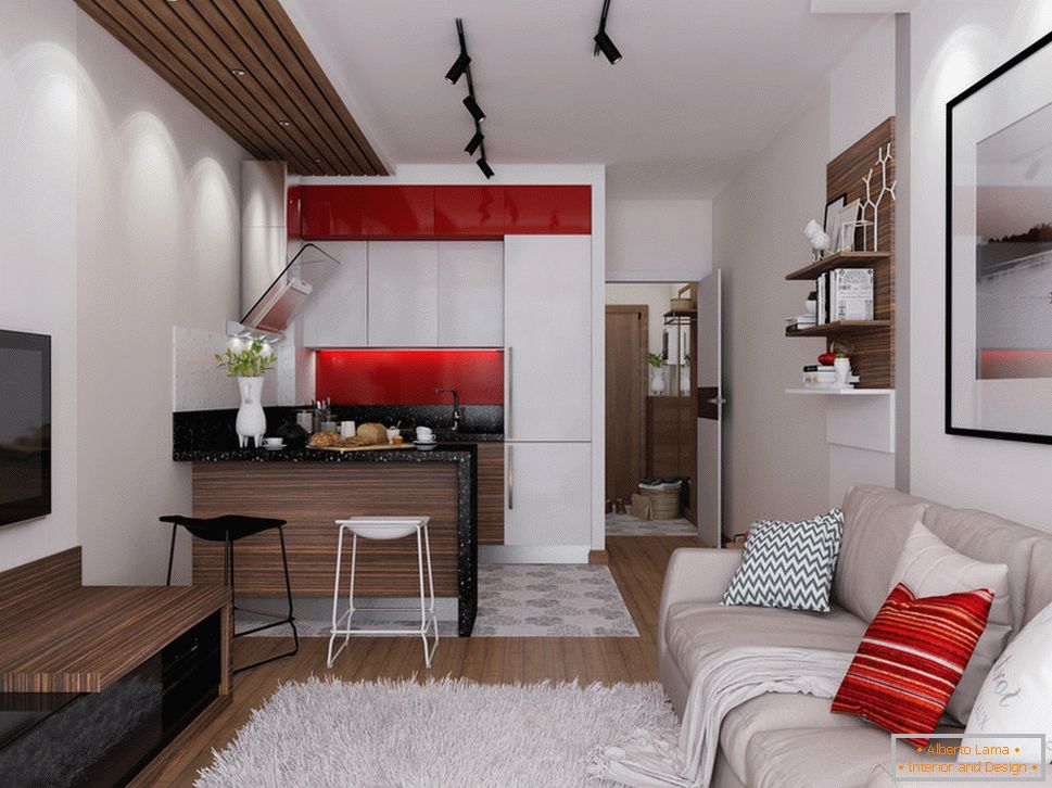 Дизајн на стан 30 кв.м. м со црвени акценти