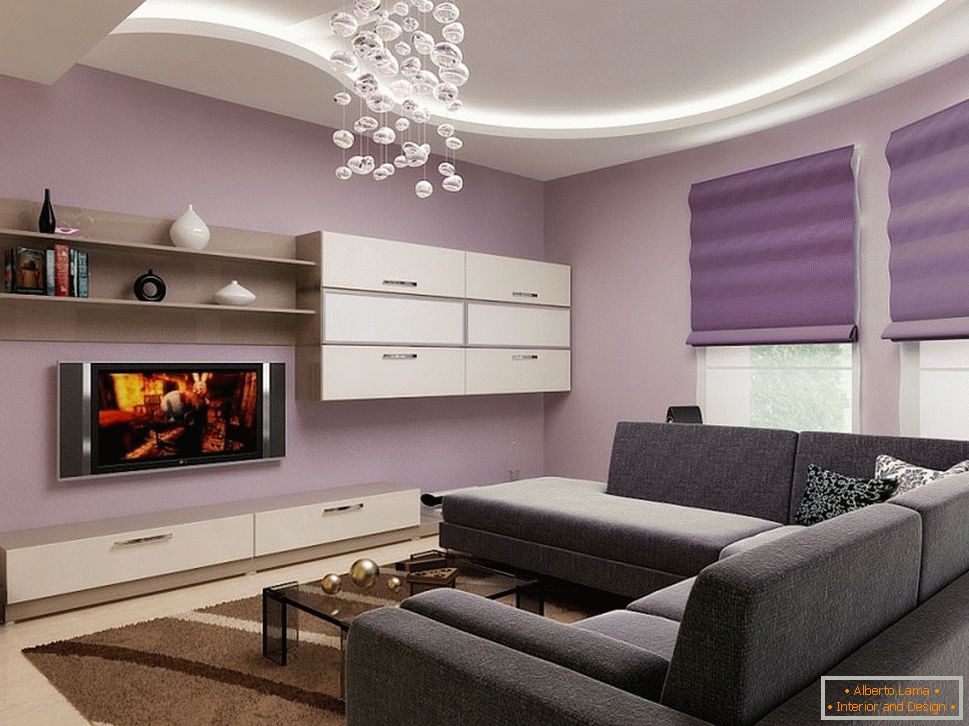 Виолетова и црна во дизајнот на дневната соба