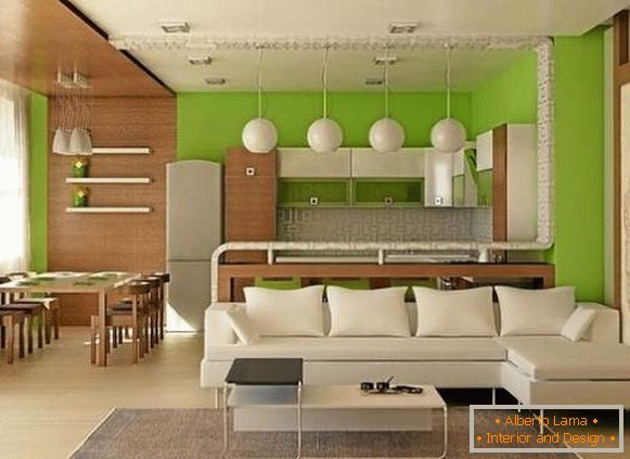 Дизајн проект на студио стан од 25 квадратни метри во бели, зелени и кафеави тонови