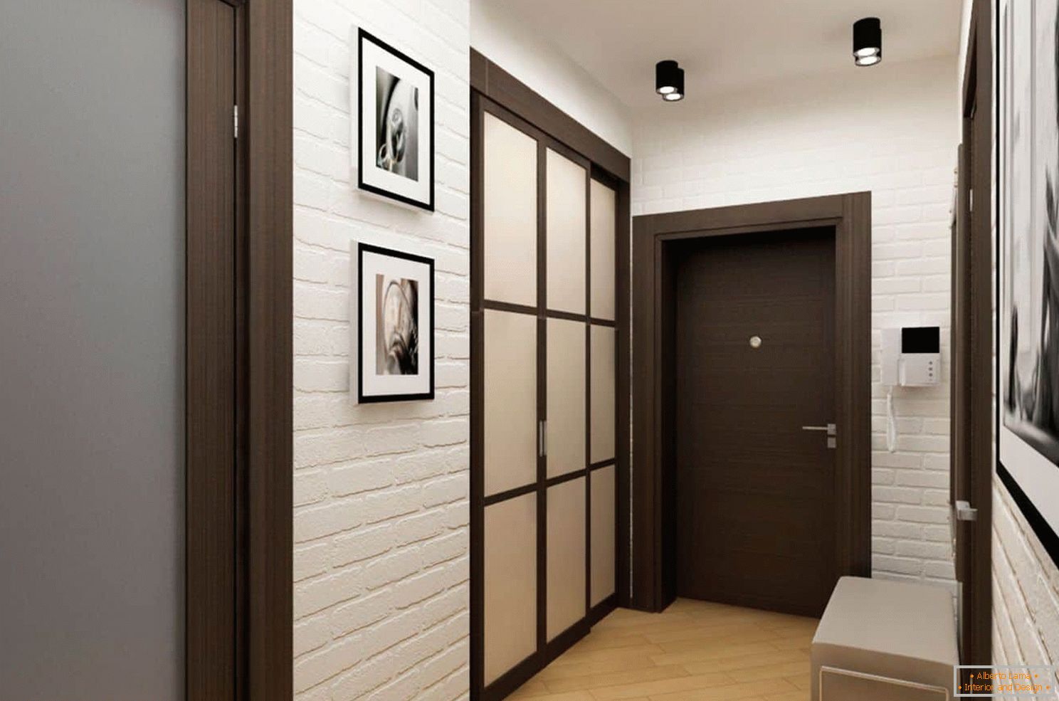 Внатрешен дизајн на мал коридор со гардероб и отомански