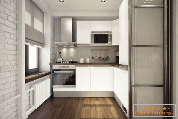 Мала кујна во дизајнот на двособен стан од 45 квадратни метри