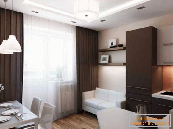 Дизајн на мал еднособен стан: кујна во салата и посебна спална соба