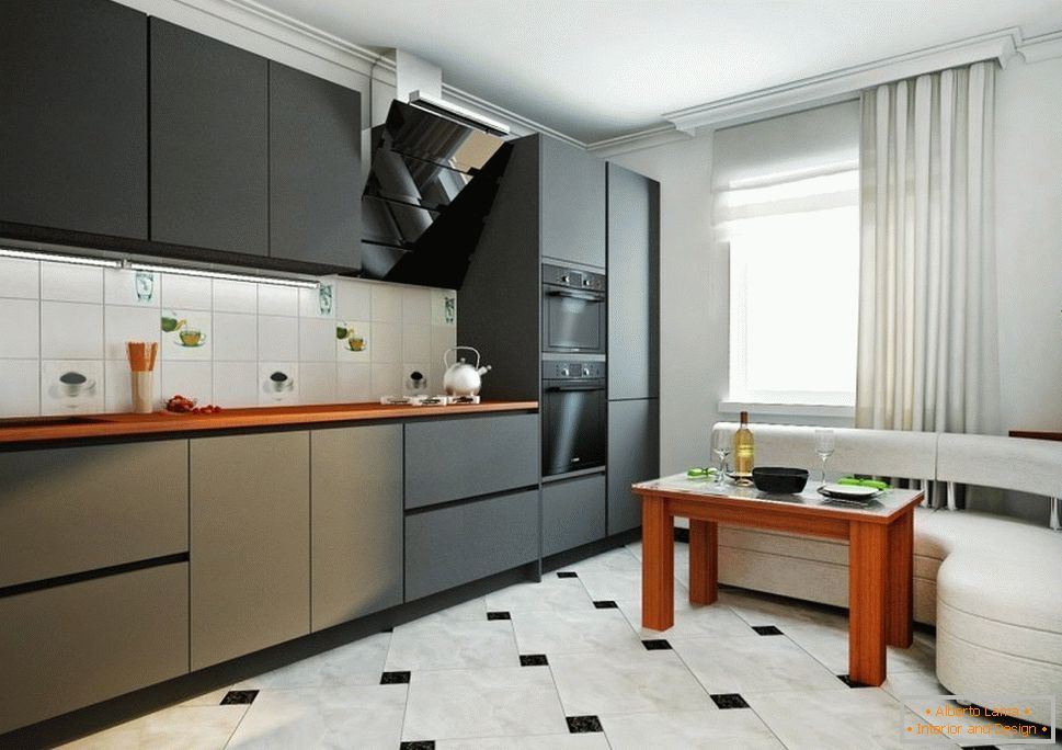 Црн мебел и бел агол во кујната