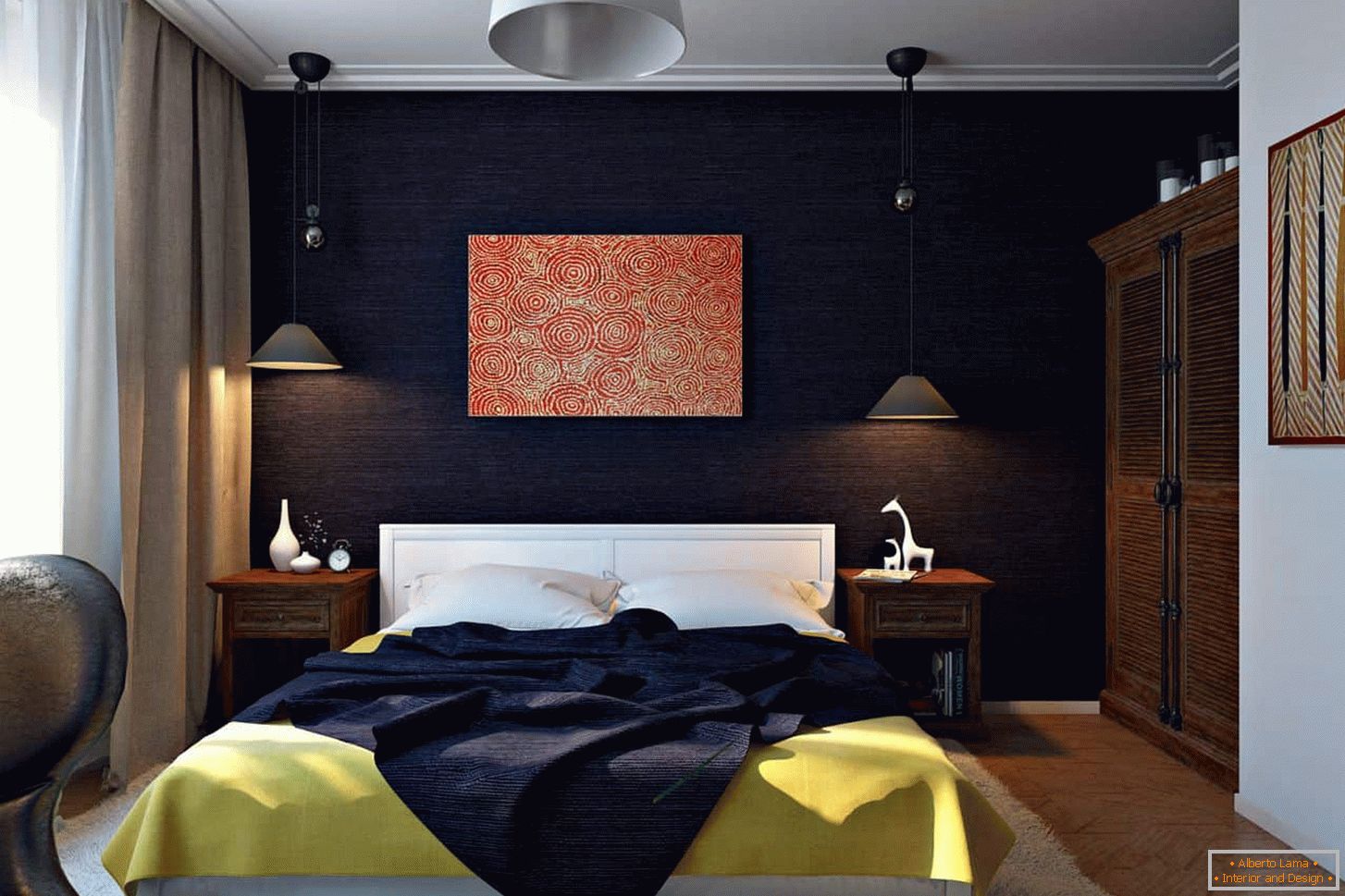 Модар патлиџан боја во декорација на ѕидовите на спалната соба