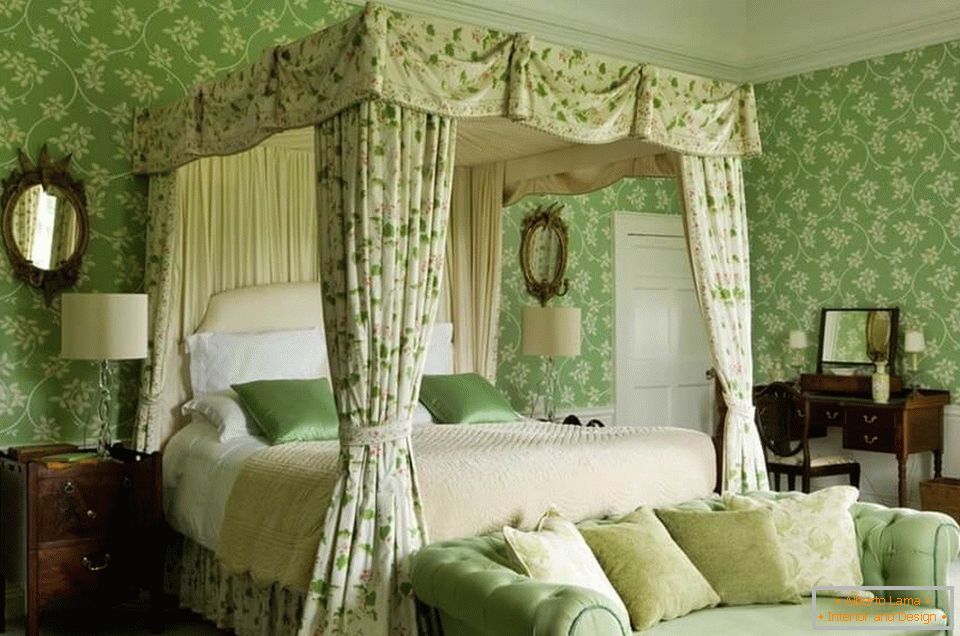 Спална соба внатрешни работи во зелени бои