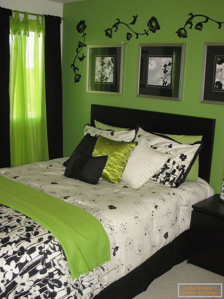 Комбинацијата на зелена и црна во внатрешноста на спалната соба