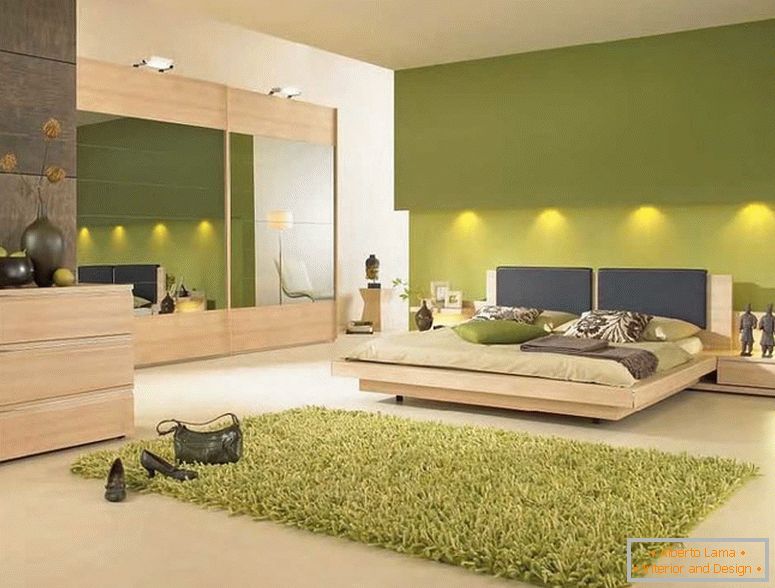 Спална соба внатрешни работи во зелени бои с подсветкой 