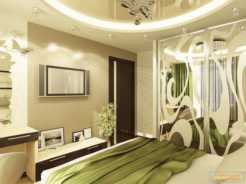 Внатрешноста на спалната соба во зелени и светло-бежински тонови