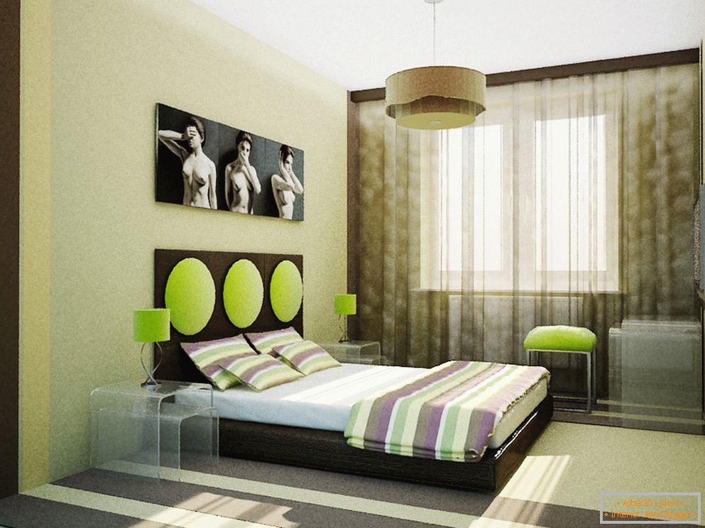 Невообичаен дизајн на спалната соба во беж зелени бои