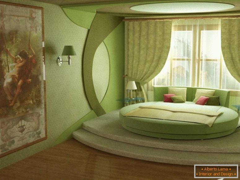 Зелена спална соба со кружен кревет