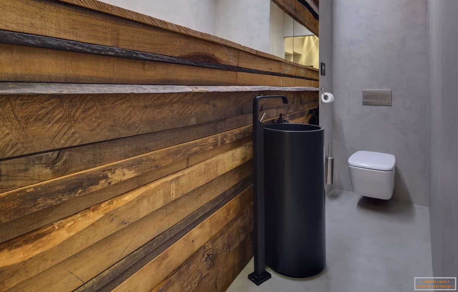 Модерен дизајн на мал тоалет во еко-стил со необична школка