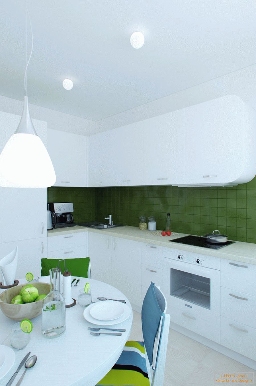 Кујнски внатрешен дизајн во бели и зелени бои