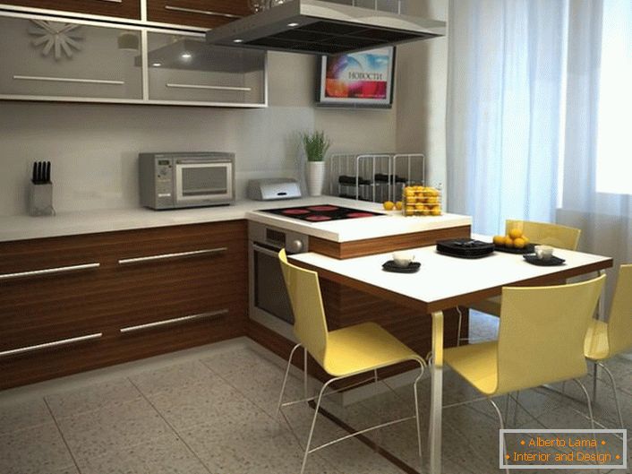 Дизајн проект за кујна површина од 12 квадратни метри. Правилно избраната варијанта на мебел овозможува да се заштеди корисен простор.