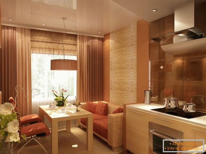 Луксузна кујна за мал стан во стилот на Арт Нову. 12 квадрати, исто така, можат да бидат пространи и светли.