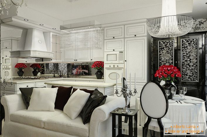 Кујна-дневна соба во стил на уметност деко со бела сопствена и вграден апарати.