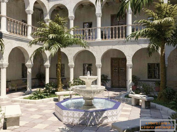 Најдобрата декорација за дворот во медитеранскиот стил е фонтана. Стилска, повеќеслојна фонтана со мали димензии во просторот за рекреација.