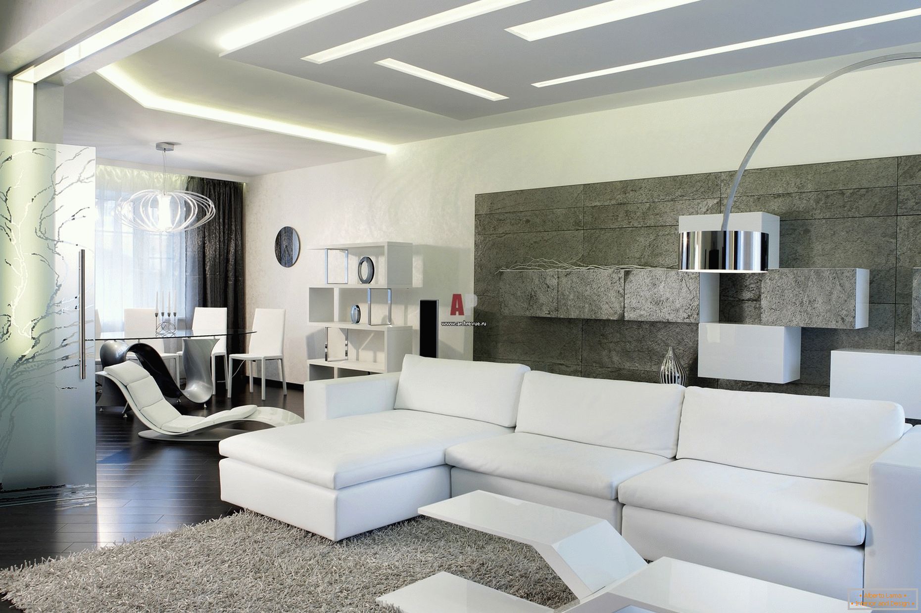 Белата внатрешност на гостите на собата во минималистички стил е значајна за модерен, храбар дизајн со навестувања на хај-тек.