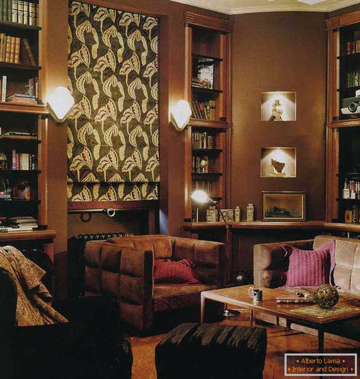 Стилски гостинска соба во стилот на еклектицизам. Пригушен светло и проектор за љубителите на старото кино.