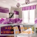 Виолетова кујна со бела трпезарија
