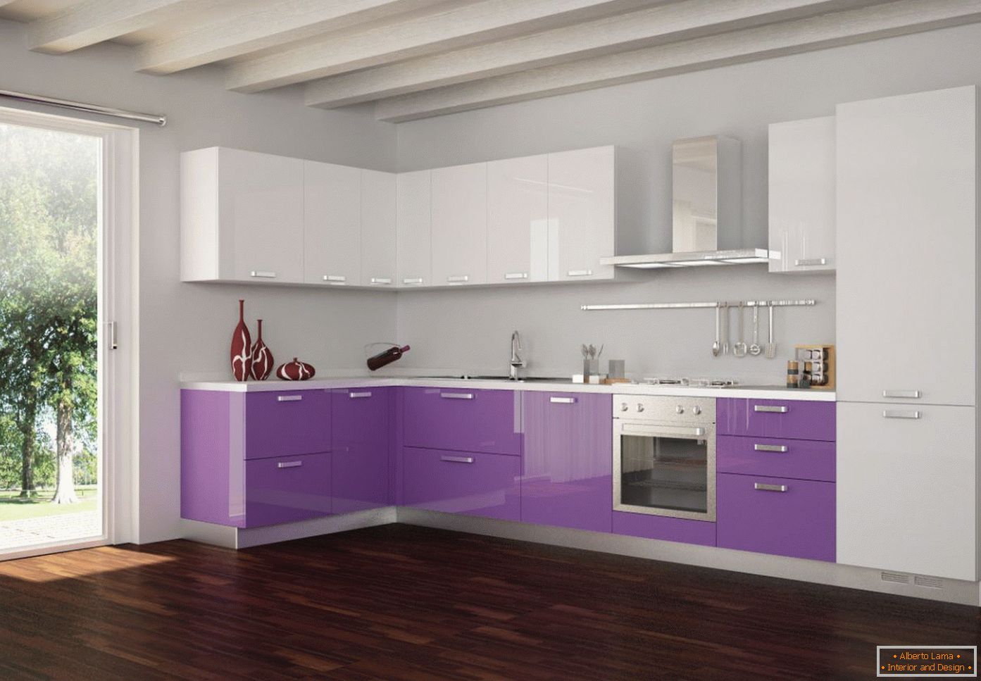 Виолетова и бела боја во дизајнот на кујната