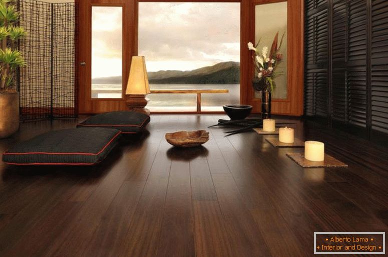 Кул-темно-тврдо дрво-под-со-Отоманска-за-дневна соба-Јапонски стил-декориран-природни-растителни и-лустерот-светилка-како-декорација таванот-дизајн-одличен-Јапонија внатрешен дизајн внатрешен дизајн -Училишта-како