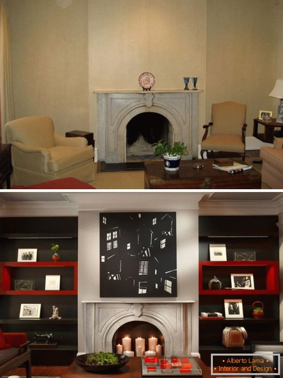 Дизајн на дневната соба со камин пред и потоа