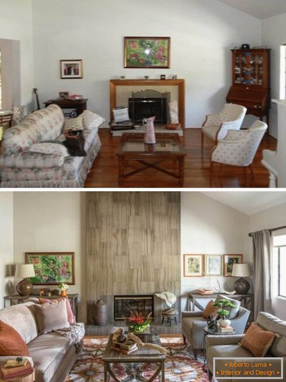 Убава дневна соба со камин внатрешен дизајн слика пред и потоа